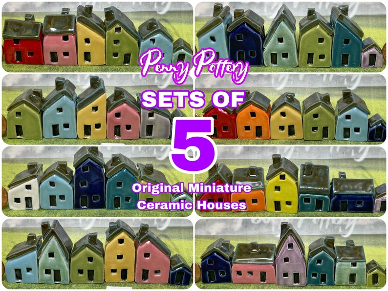 Lot de 5 maisons miniatures en céramique et 1 remise/chenil. Superbes collections de petites maisons de poterie douces. Sur mesure et fait main par Penny Penny choose for me!