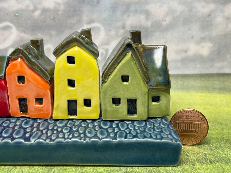 Miniature Ceramic Rainbow Row 4 House Cobblestone Street. Designer Artwork by Penny Howarth. Limited Edition Collectable Pottery Homes image 3