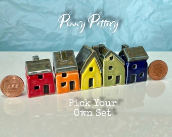 Pick Your Own Penny Pottery Collectable Miniature Ceramic House Set. Mix a Rainbow of Joyful, Mini Pottery Homes. Expertly Handcrafted