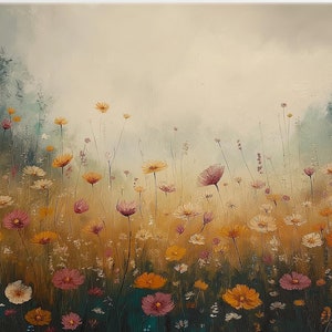 Wildflower Canvas Wall Art, Large Meadow Flower Painting, Colorful Botanical Artwork for Living Room, Rustic Nature Landscape Wall Hanging