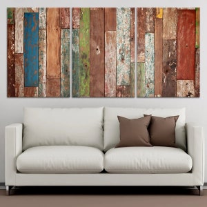 Rustic Wood Canvas Wall Art, Vintage Multicolor Wooden Plank Artwork, Distressed Painted Wood Panel Home Decor, Unique Textured Art