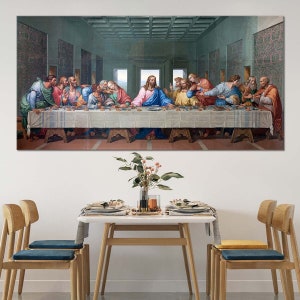 Last Supper Wall Art, Leonardo Da Vinci 12 Apostles and Jesus Scene Faith Artwork, Vintage Last Supper Painting for Dining Room Decor