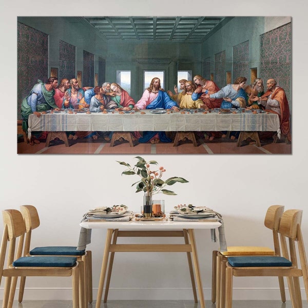 Laatste avondmaal kunst aan de muur, Leonardo Da Vinci 12 apostelen en Jezus scène geloof artwork, vintage laatste avondmaal schilderij voor eetkamer decor