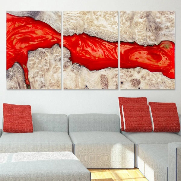 Abstract Lava Flow Canvas Art, Red and Textured Neutral Tones Wall Print, Modern Fluid Artwork, Geologic Inspired Contemporary Home Decor