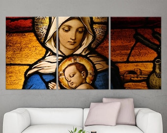 Jungfrau Maria und Jesuskind in Stained Glass Style Leinwanddruck - Religiöse Kunst, spirituelle Wanddekoration, klassische Madonna mit Kind Kunstwerk