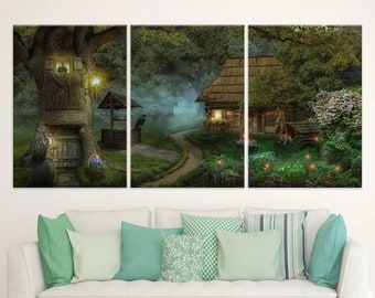 Enchanted Forest Cottage Canvas Print, Mystical Fairytale Landscape, Treehouse Art, Magical Garden Wall Decor, Fantasy Home Artwork