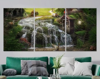 Enchanted Forest Watermill Canvas Print - Captivating Waterfall and Wildlife Scene - Mystical Landscape Art for Whimsical Home Decor