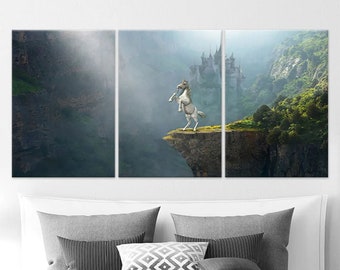 Mystical Unicorn Cliffside Canvas Print - Enchanted Castle Landscape Art, Fantasy Wall Decor, Mythical Creature in Misty Mountains Artwork
