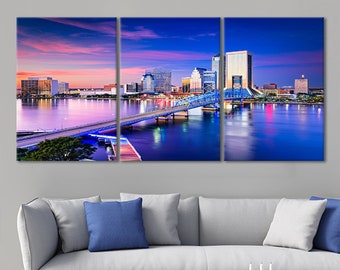 Impression sur toile Jacksonville Skyline, art mural paysage urbain de la Floride, oeuvre d'art urbaine de Jacksonville, décoration murale ville chic, cadeau pour les amateurs de Floride