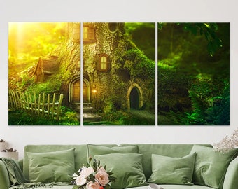 Whimsical Woodland Cottage Canvas Print - Sunlit Enchanted House Nestled in Nature, Storybook Fantasy Art for Dreamy Home Decor