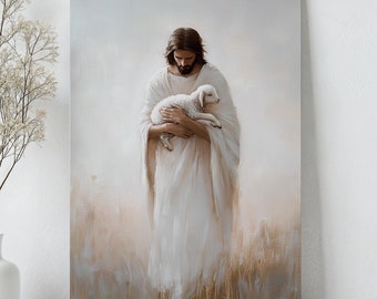 Jesus Holding Lamb Canvas, Christian Painting, Large Jesus And Lamb Art, Unique Biblical Jesus Painting, The Good Sheppard Canvas Print