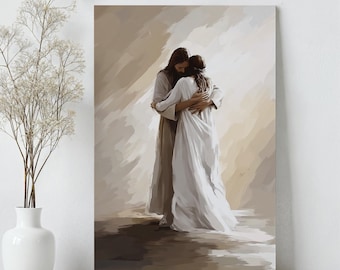 Woman Safe in His Arms Canvas Wall Art Large Jesus Painting Neutral Christian Painting Beautiful Christ Embracing Woman Canvas Print LDS