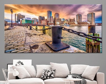 Boston Skyline Canvas Print, Sunset Massachusetts Cityscape Wall Art, Urban Boston Artwork, New England City View Home Decor