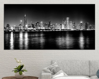 Chicago Skyline Canvas Wall Art Print, Black And White City Artwork, Urban Home Decor Photography, Illinois Cityscape Art Print