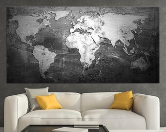 Monochromatic Vintage World Map Canvas - Distressed Black and White Global Wall Art - Industrial Urban Map Decor for Modern Home or Office