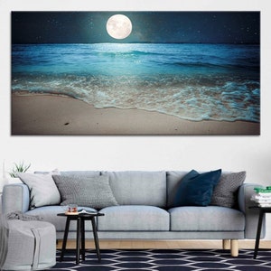 Moonlit Shoreline Canvas Print - Serene Beach at Night Wall Art, Glowing Full Moon Over Ocean, Starry Sky Seascape, Coastal Home Decor