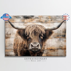 Highland Cow Canvas For Rustic Home Decor, Highland Cow Painting On Wooden Background, Large Country Farmhouse Decor, Large Cattle Print