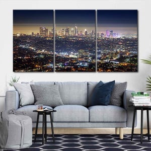Los Angeles Skyline Night Canvas Wall Art, Wide City Lights Painting, Urban Cityscape Canvas Print Artwork for Bedroom Office Wall Decor