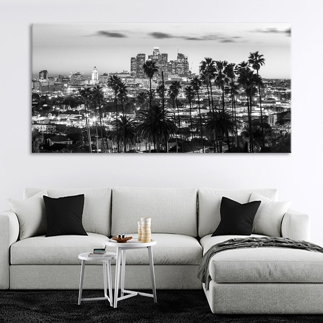Black and White Los Angeles Skyline Canvas Wall Art Etsy