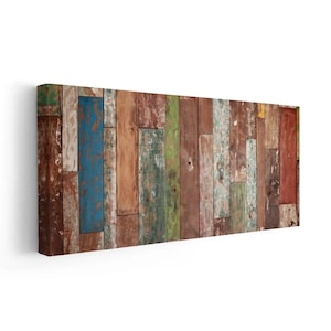 Rustic Reclaimed Wood Wall Art, Large Multicolor Plank Canvas, Cozy Farmhouse Living Room Decor, Vintage Wrapped Canvas Print