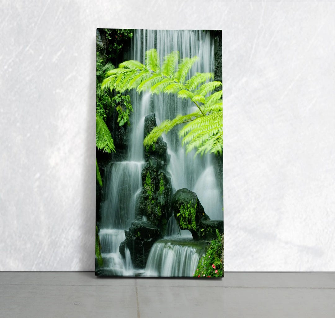 Serene Green Japanese Waterfall Canvas Art - Tranquil Asian Landscape ...