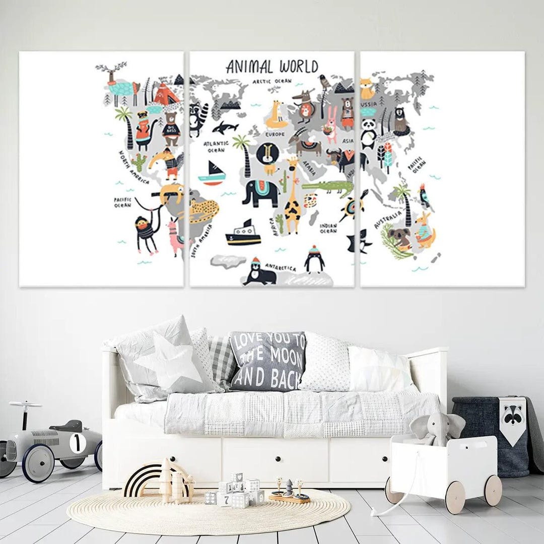 Colorful Animal World Map Canvas Print, Educational Wall Art for Kids ...