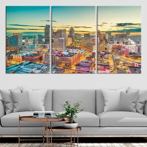 Detroit Skyline Canvas Wall Art For Living Room, Extra Large City Art Print For Above The Bed, Colorful Detroit Michigan Cityscape Art Print