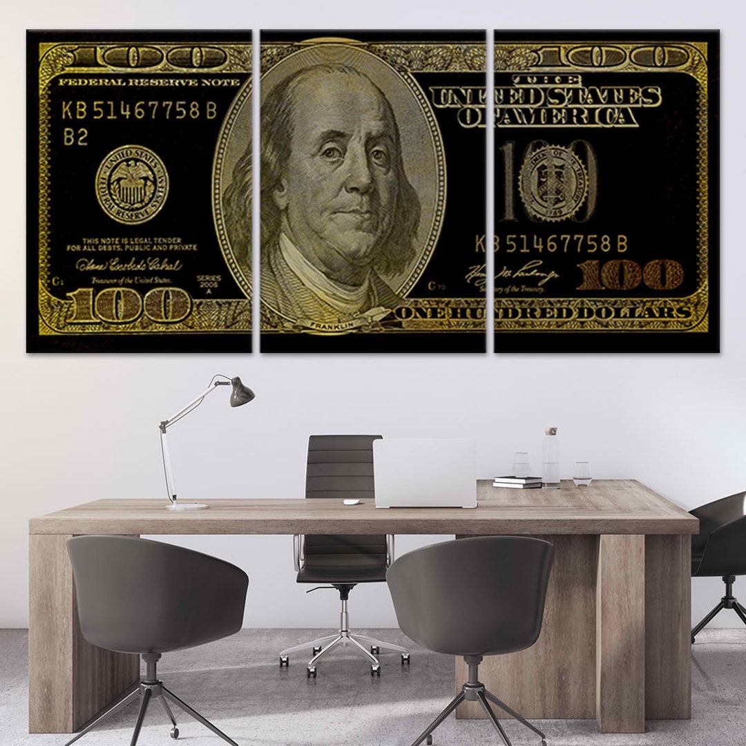 100 Dollar Bill Canvas in Black and Gold, Modern Money Art Print for
