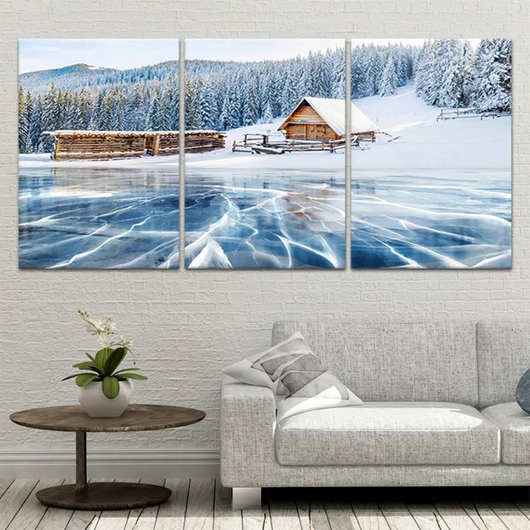 Winter Cabin in Snowy Forest Canvas Print Serene Frozen Lake Art