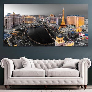 Las Vegas Canvas Wall Art, Large Strip Skyline Painting with Eiffel Tower, Modern Cityscape Artwork for Living Room, Night Lights Wall Decor