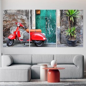 Vintage Alleyway Canvas Wall Art Multi Panel Red Vespa Scooter Photography Artwork Ready to Hang Oversized Print for Loft Living Room Decor