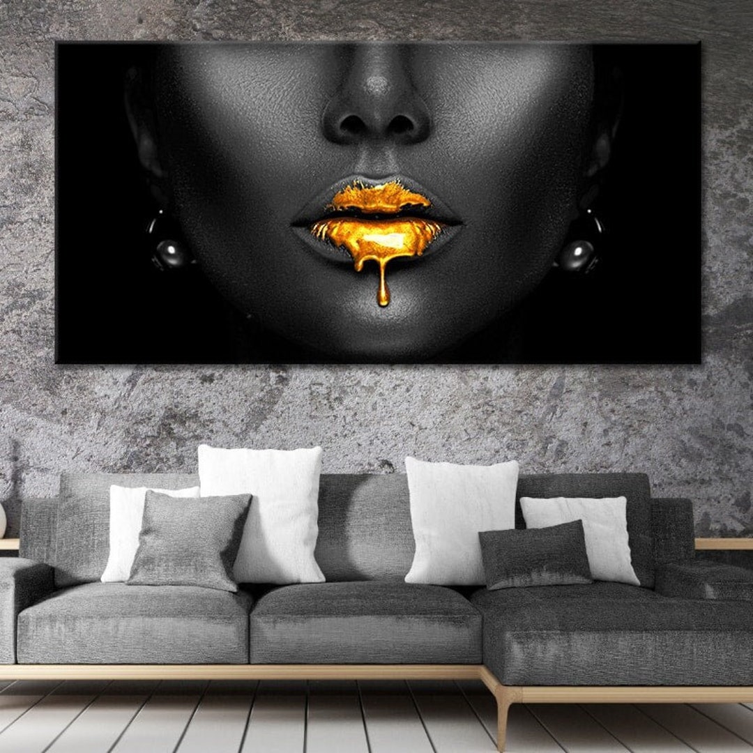 Golden Lips Wall Art Contemporary Canvas Print Saloon Decor Etsy