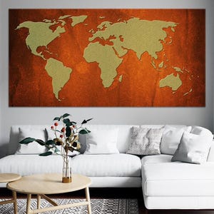 Rustic World Map Canvas Wall Art, Vintage Style Global Map Print in Earth Tones, Industrial Travel Decor for Office, Study, or Living Room