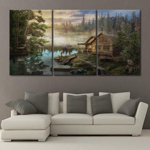 Forest Wall Art Forest Art Print Cabin In The Woods Lakehouse Decor Log Cabin Painting For Living Room Mountain Cabin Wall Art Rustic Print