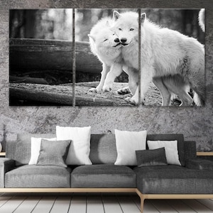 Black and White Arctic Wolf Canvas Wall Art Oversized Wildlife Photography Multi Panel Artwork Ready to Hang Print for Living Room Decor