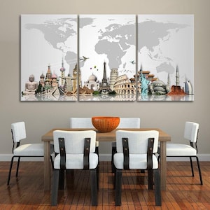 World Map Monuments Canvas Wall Art, Travel Decor, Landmarks Wall Art, Large Global Artwork, Living Room Bedroom Decor, Kids Room Decor