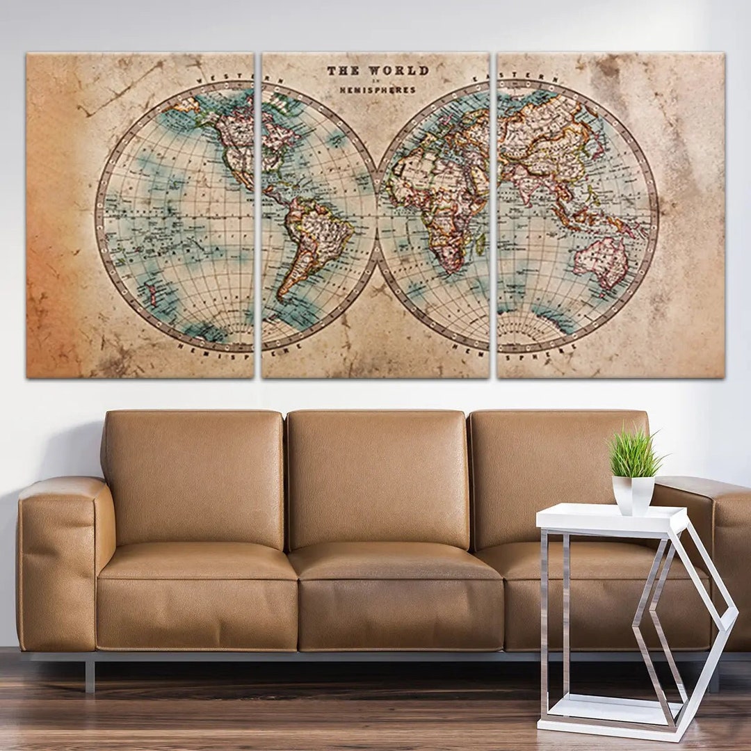 Vintage Hemisphere World Map Canvas Wall Art, Classic Old World Charm