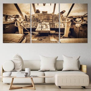 Vintage Airplane Cockpit Canvas Wall Art, Sepia Aviation Decor for Pilot Office or Man Cave, Retro Aircraft Instrument Panel Print