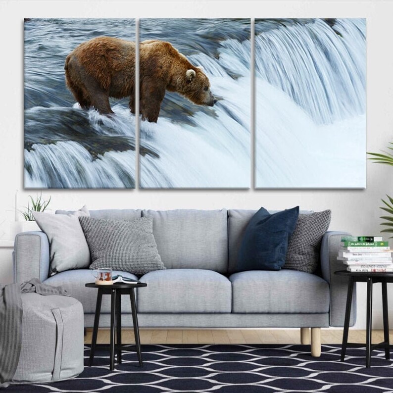 Fishing Grizzly Bear Modern Wall Art Decor Etsy