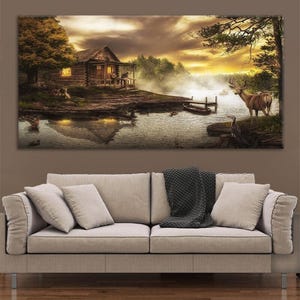 Cabin by the Lake Canvas Wall Art, Large Rustic Landscape Painting with Deer and Dock, Country Nature Artwork for Living Room Ready To Hang