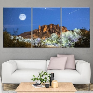 Red Rock Canyon Moonlight Canvas Wall Art, Desert Landscape Under Night Sky with Full Moon, Tranquil Nature Scene for Bedroom
