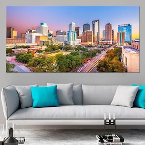 Houston Texas Skyline Canvas Wall Art, Extra Large Urban Print for Living Room, Colorful Houston Decor for Bedroom Walls