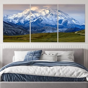 Mount McKinley Canvas Wall Art, Majestic Denali Mountain Landscape, Rustic Wilderness Scene for Home and Office Decor