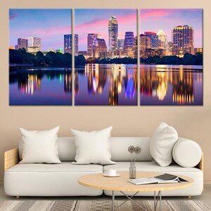 Austin Texas Skyline Canvas Wall Art, Colorful Cityscape Print with Sunset Reflection, Modern Urban Decor for Living Room or Office