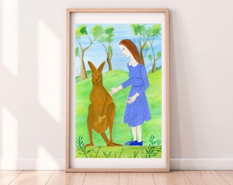 Art Print - Lady and the Wallaby - Whimsical Gouache & watercolour Wallaby Kangaroo Print