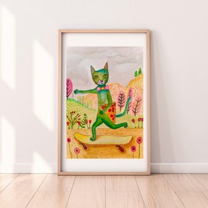 Art Print A4, A5 or A6 Skating Pizza Cat - Funny Cat Whimsical Cat Lover Animal Crazy Cat Lady