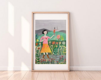 Art Print A3 - Lady guarding her heart Whimsical Illustration Garden Gouache Woman