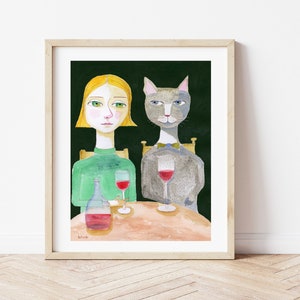 Art Print A3 - Cat Humour - Lady and Cat having drinks Funny Cat Watercolour Cat Lady Crazy Cat Lady Cat Lover Print