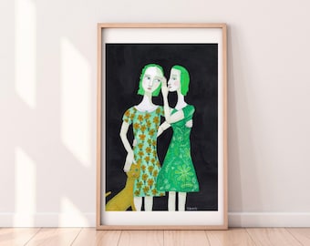 Art Print A4, A5 & A6 Woman Supporting Women The Sisters were Inseparable Power - Whimsical Art Humor Quirky Art