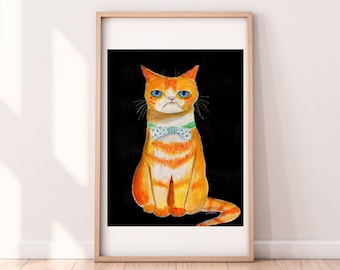 Art Print - Orange Grumpy Ginger Cat - Funny Quirky Fun Art Whimsical Kids Art